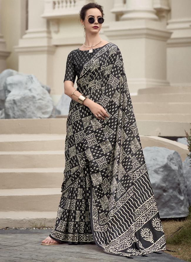 Pure Mal Mal Silk Black Casual Wear Printed Saree